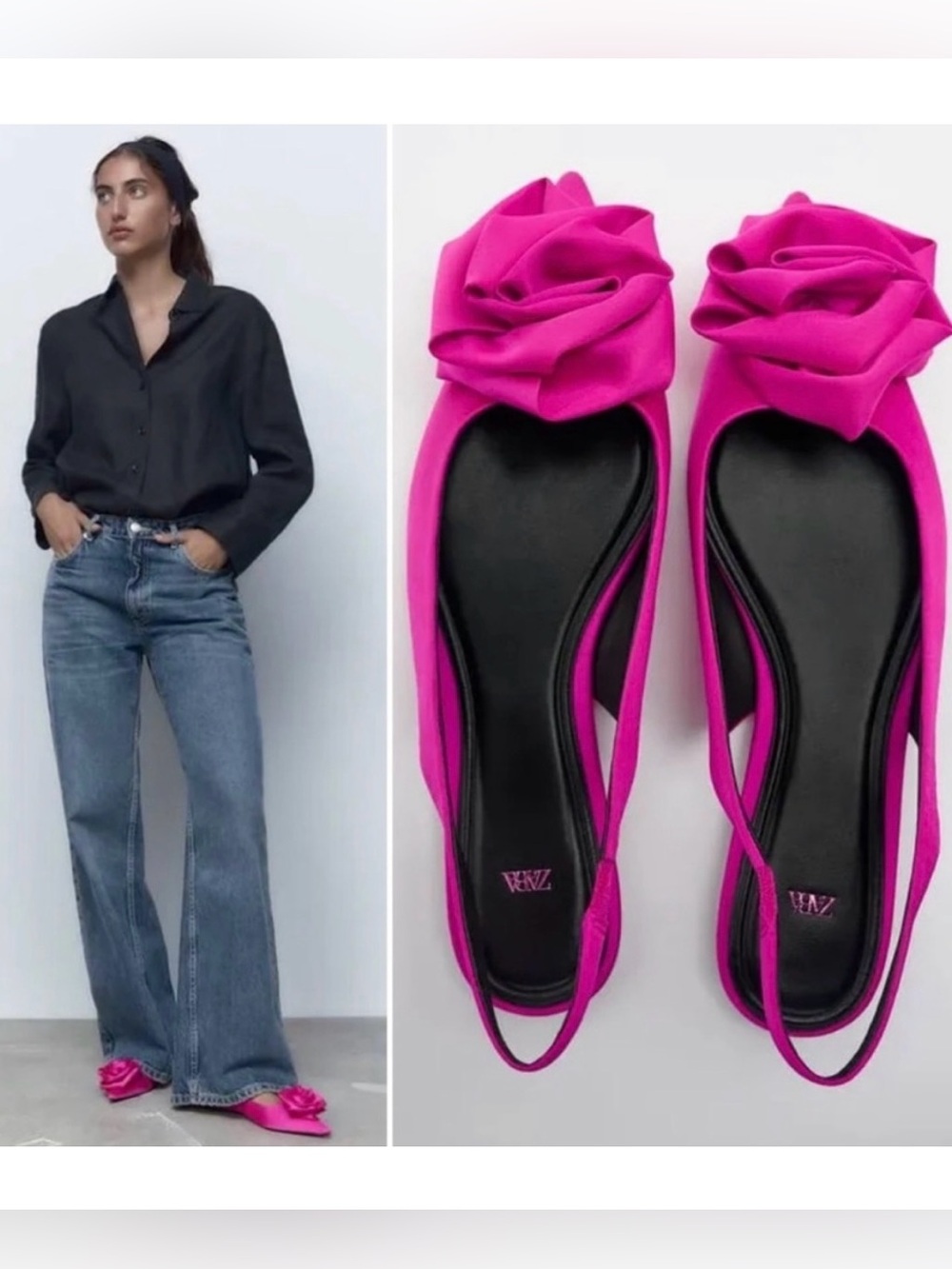 ZARA Hot Pink Pointed Toe Slingback Flats with Rose Flower Size 6 Fuchsia